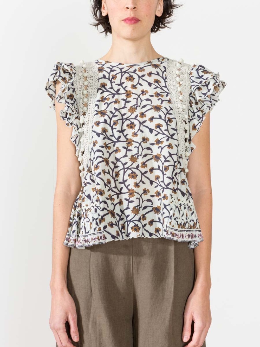 Sea New York Khloe Flutter Sleeve Pom Pom Blouse 8 Floral Print Boho Flowy